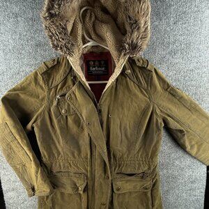 Barbour Camien Parka International Size 8 US Waxed Jacket Women Zip Green Hooded
